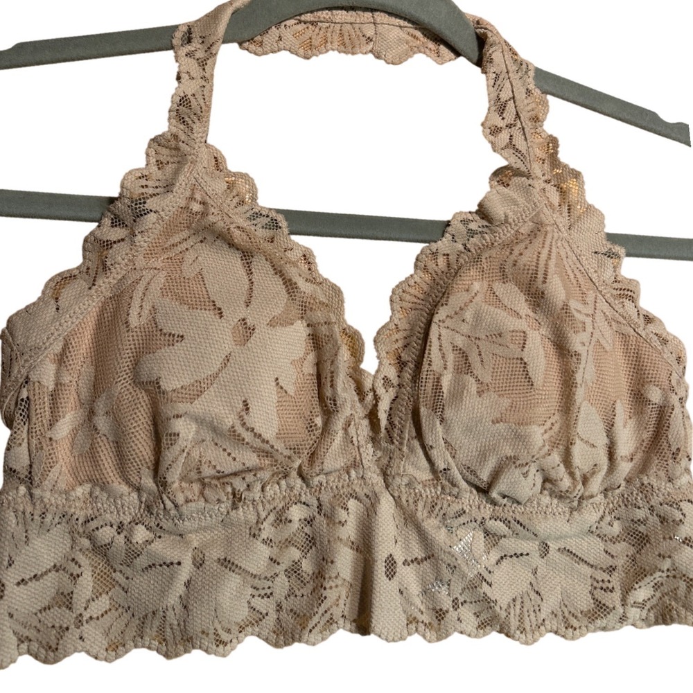 Aerie Floral Lace Halter Bralette Scalloped Trim Tan / Nude Sz S Retail: $39 NWT